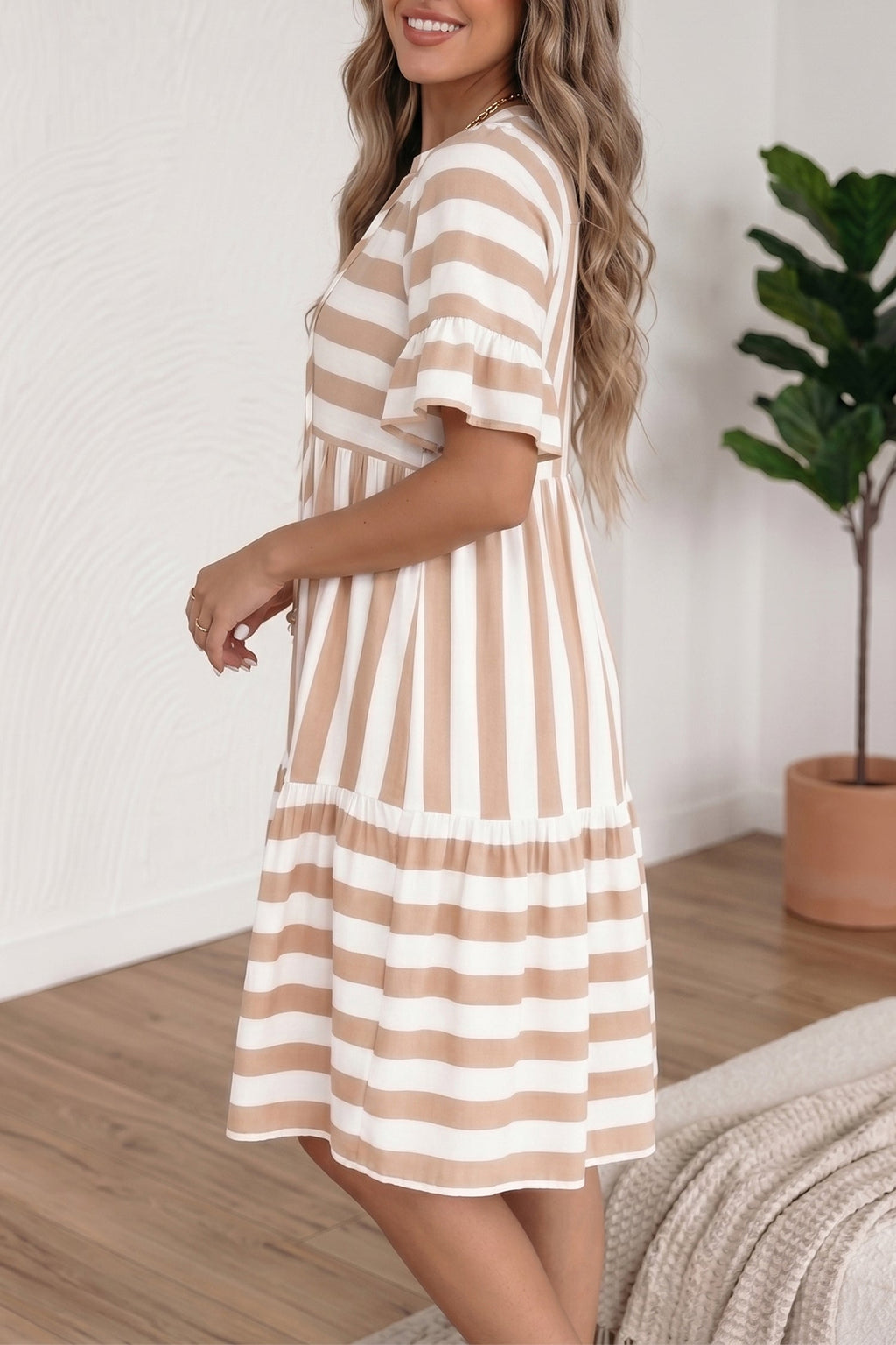Stripe Tie V-Neck Ruffle Trim Mini Dress