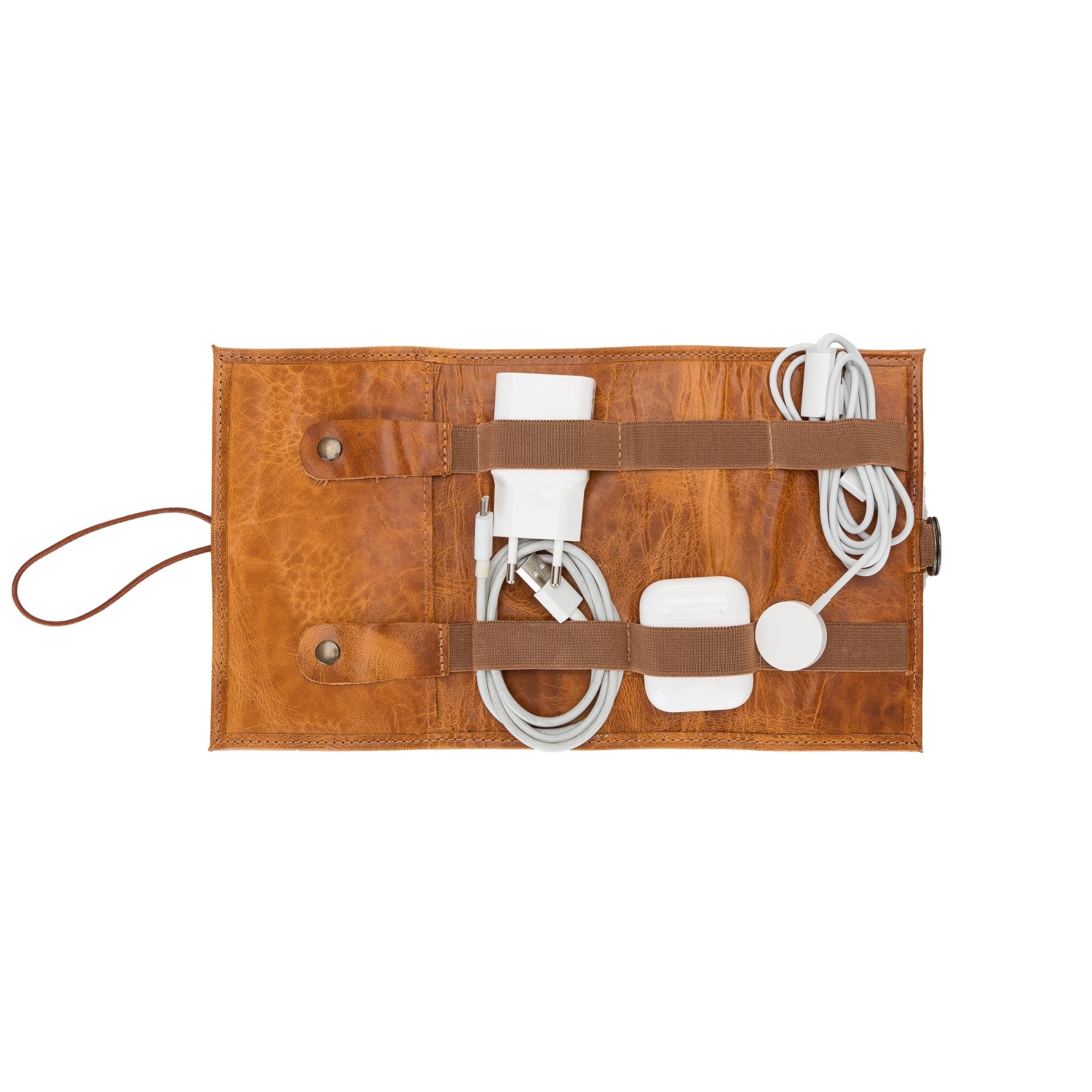 Brown leather case with USB cables and connectors on a white background