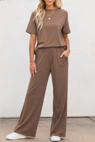 Women's Outfits & SetsSmoke Gray Solid Color T Shirt 2pcs Wide Leg Pants Set - VacationGrabs