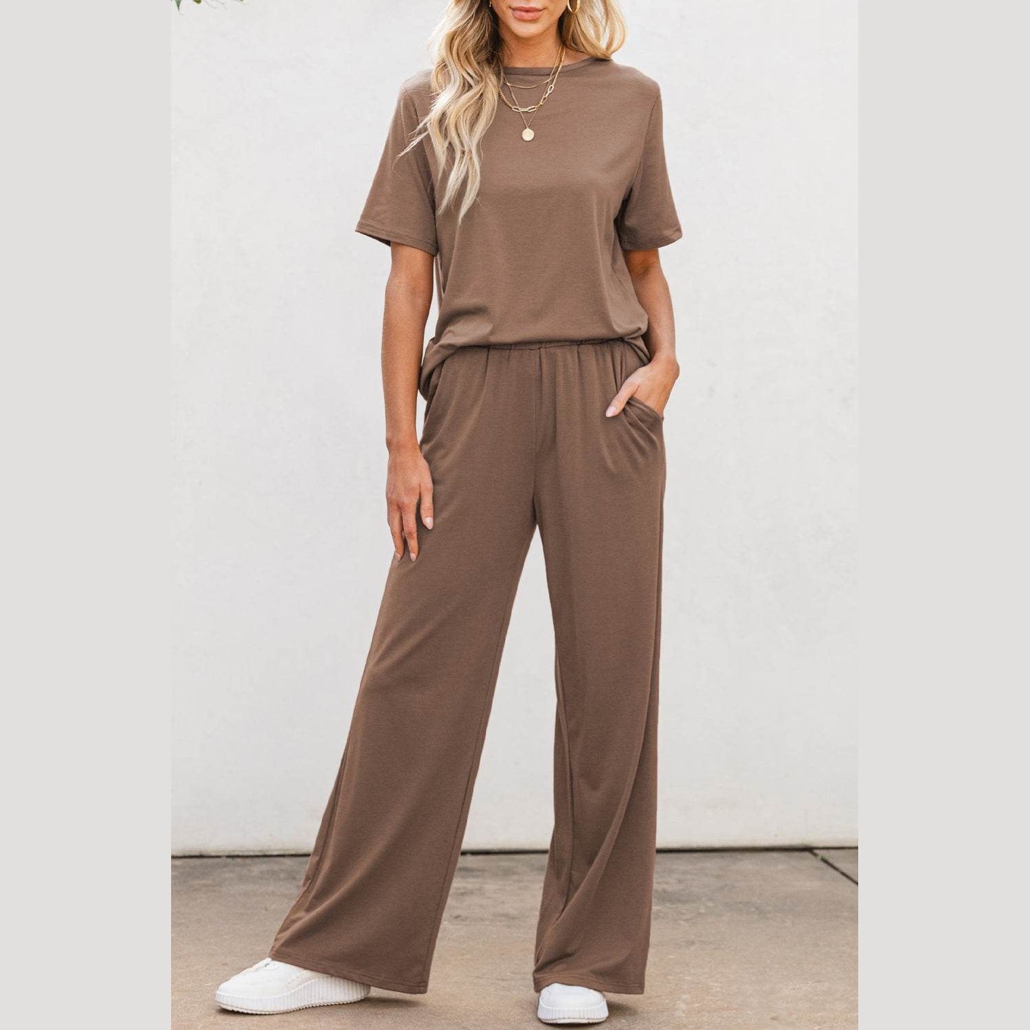 Smoke Gray Solid Color T Shirt 2pcs Wide Leg Pants Set - VacationGrabs