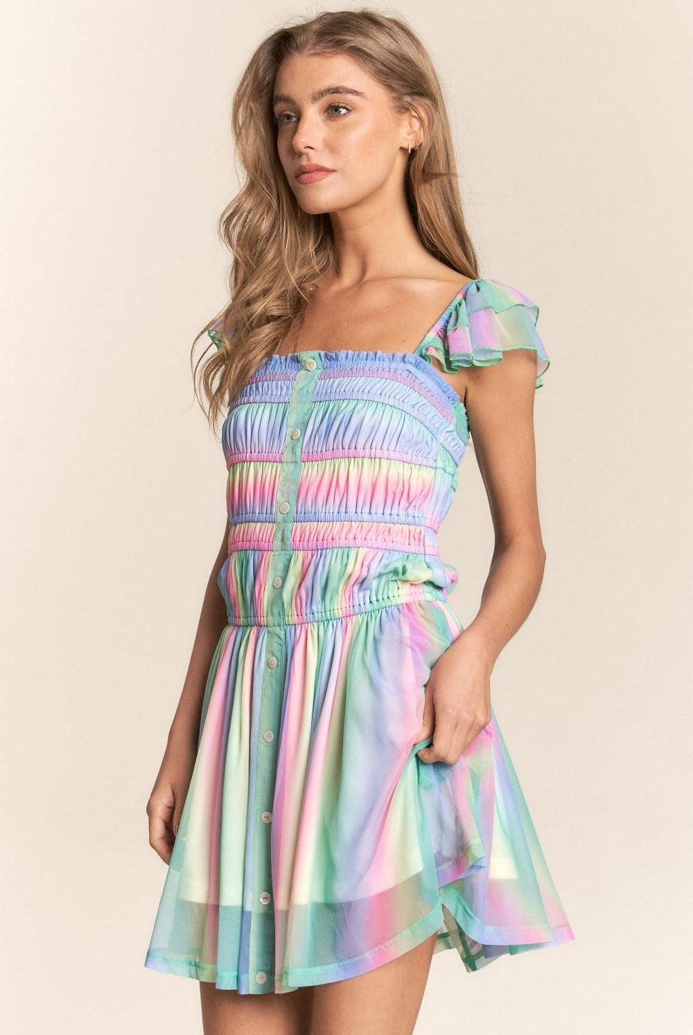 Women's Dresses J.NNA Rainbow Smocked Mini Mesh Dress