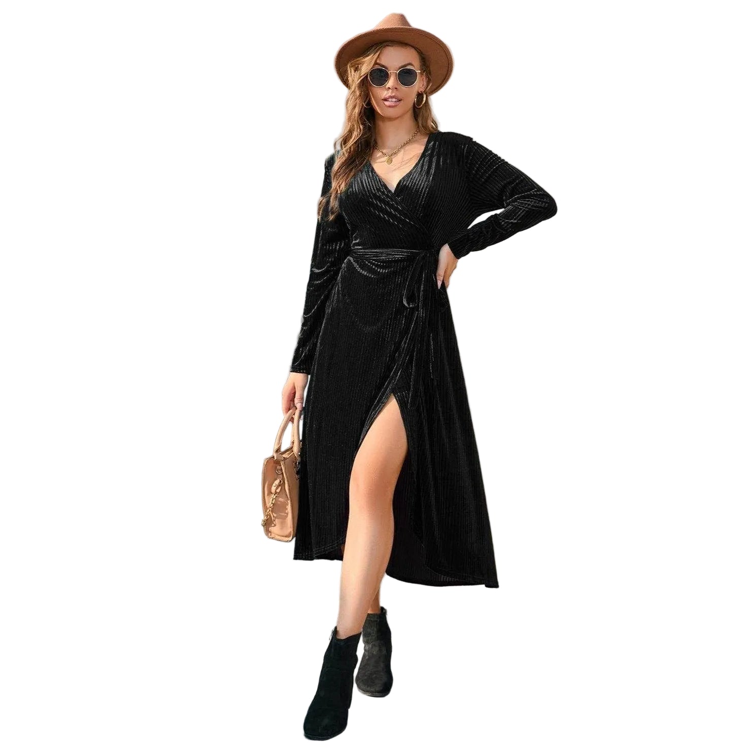 Tie Front Long Sleeve Slit Dress - VacationGrabs