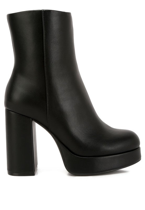 Black chunky heel ankle boots for women with a sleek design and platform sole