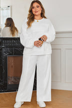 Plus Size Solid Raw Seam Top and Drawstring Pants Set
