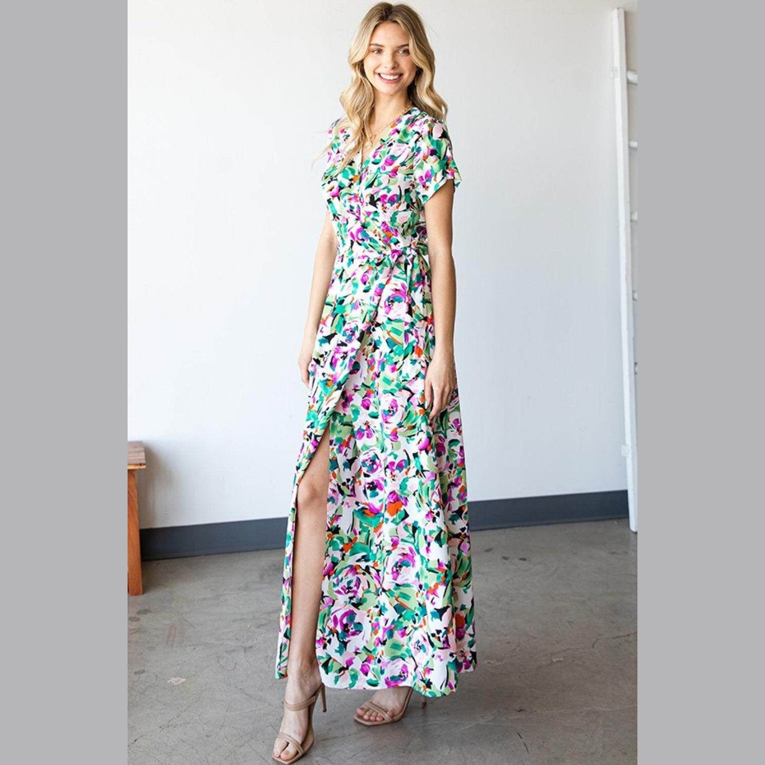 First Love Slit Printed Surplice Tie Waist Short Sleeve - VacationGrabs