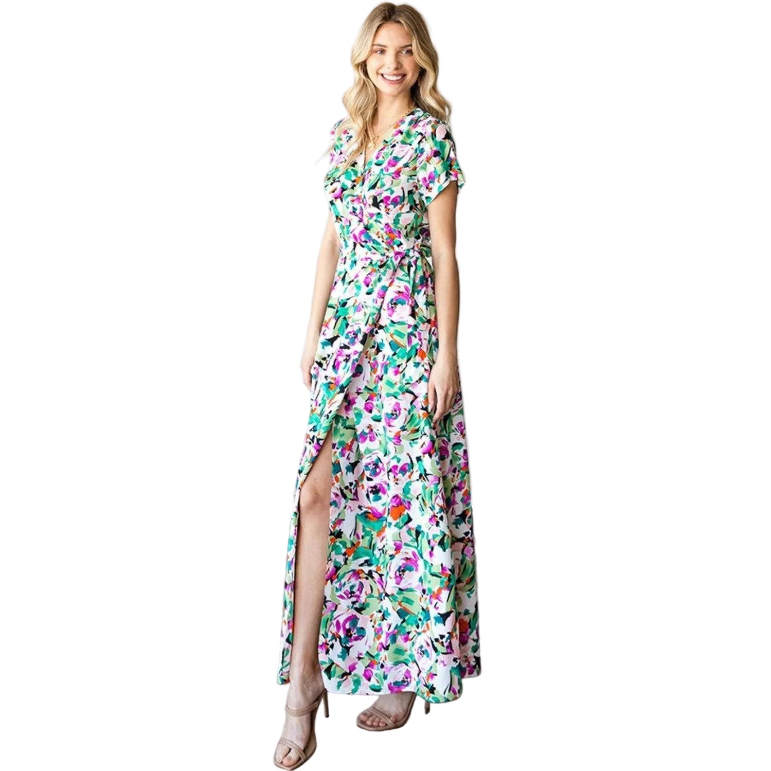 First Love Slit Printed Surplice Tie Waist Short Sleeve - VacationGrabs