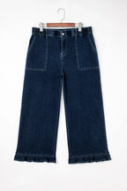 Plus Size Denim Elastic Waist Ruffle Wide Leg Pants