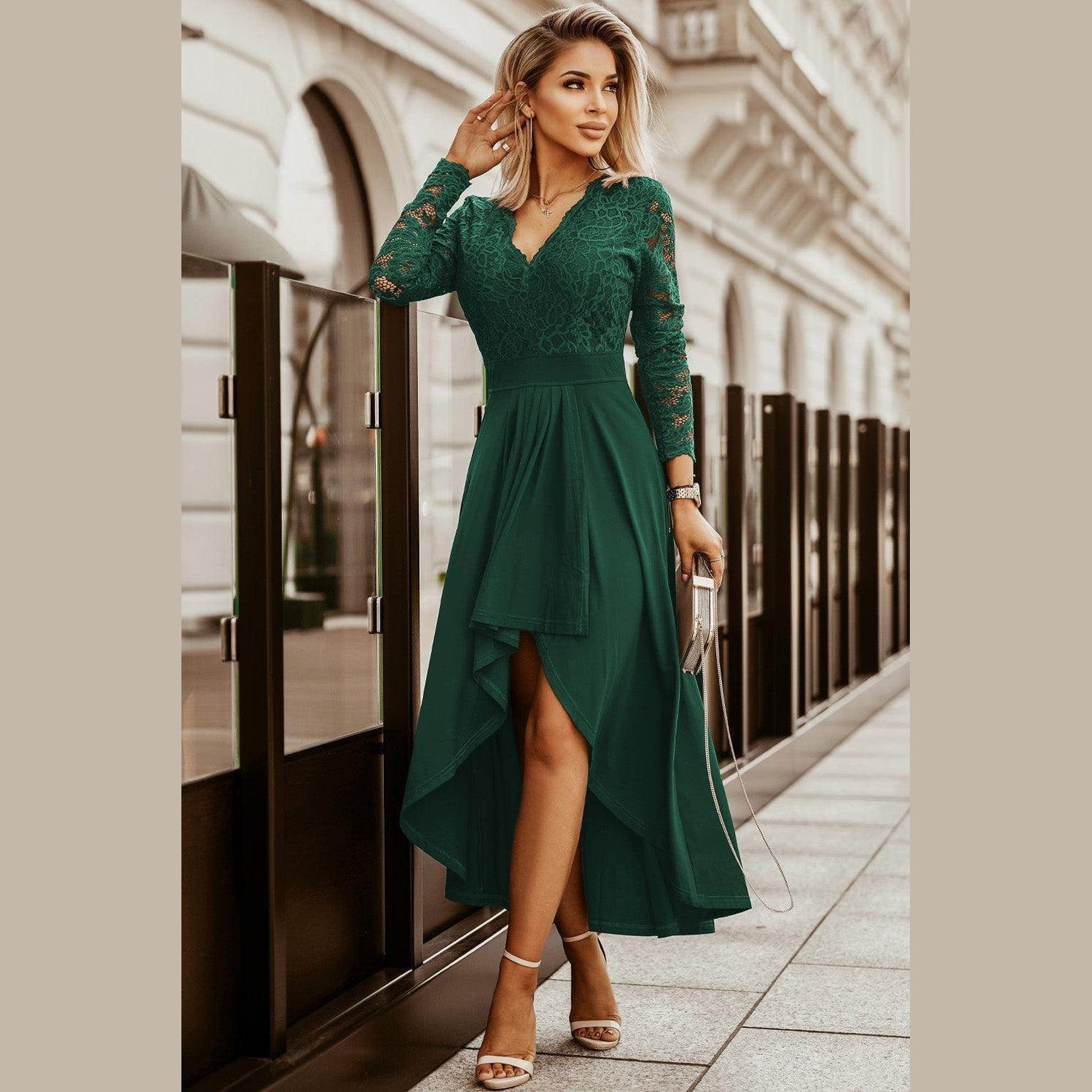 Lace High-Low V-Neck Dress - VacationGrabs