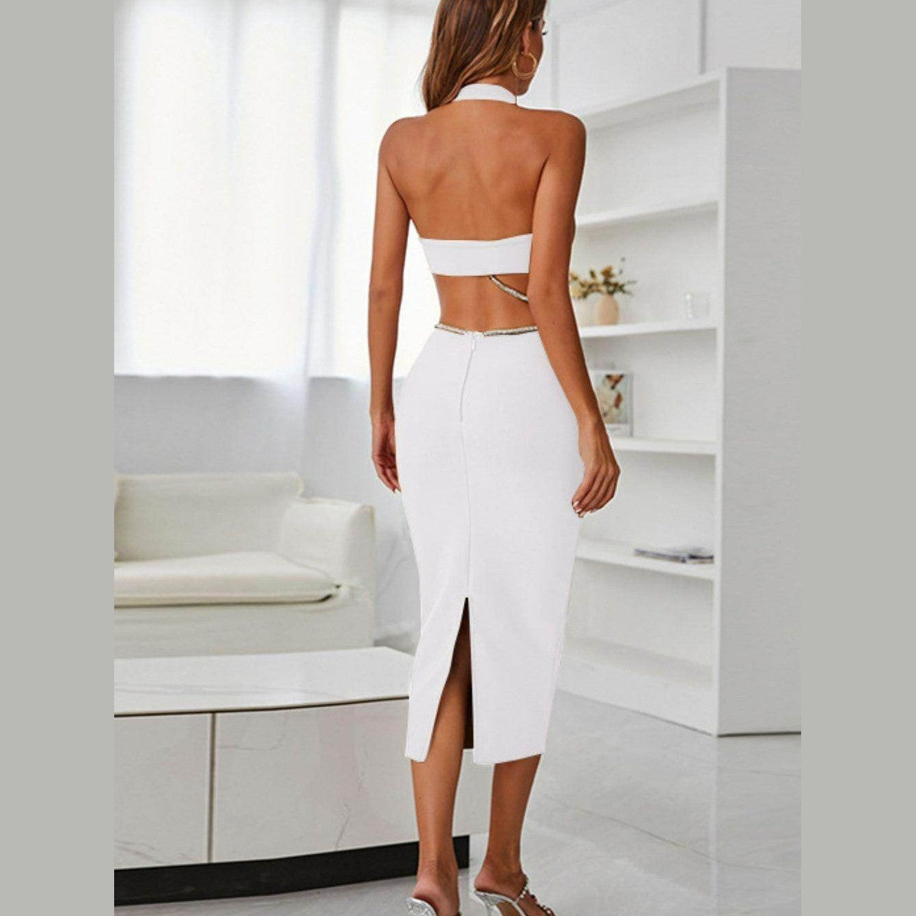 Rhinestone Halter Neck Cutout Slit Midi Dress - VacationGrabs