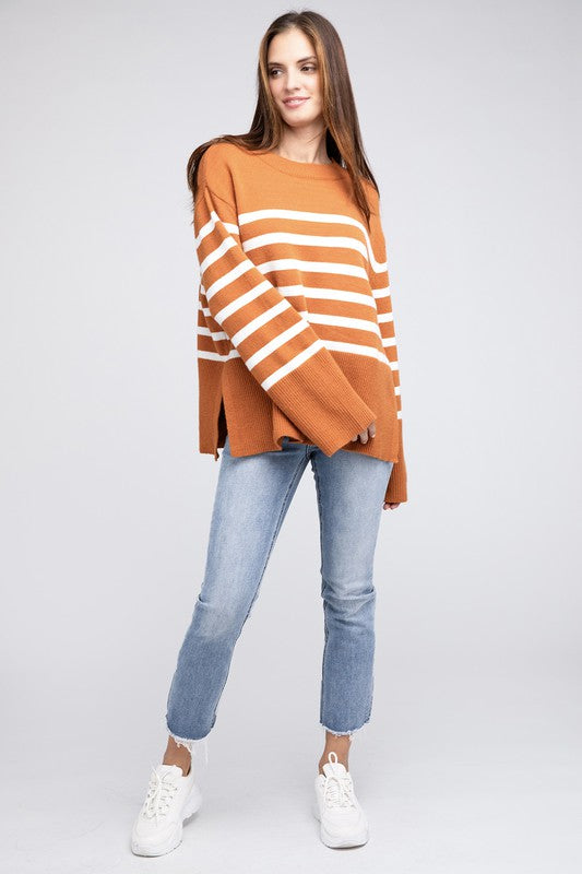 Women's SweatersRibbed Hem Stripe Sweater - VacationGrabs