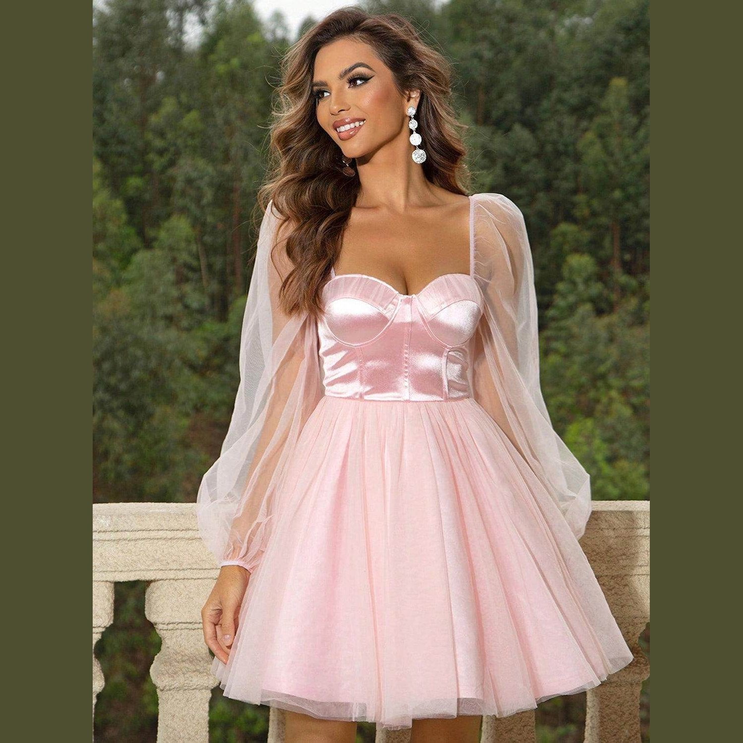 Sweetheart Neck Balloon Sleeve Mini Dress - VacationGrabs