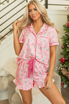 Women's Sleepwear/LoungewearPink Christmas Candy Cane Print Pocketed Knotted Pajama Set - VacationGrabs