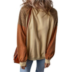 Khaki Lace Patchwork Colorblock Sweatshirt - VacationGrabs