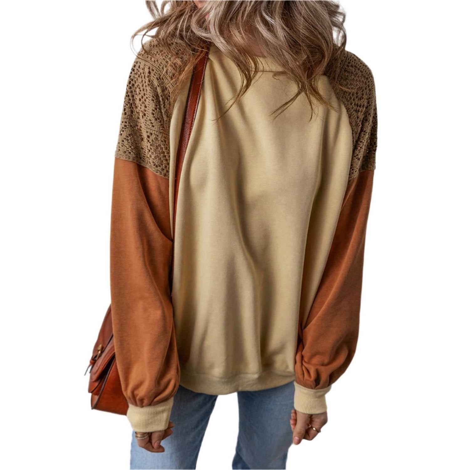 Khaki Lace Patchwork Colorblock Sweatshirt - VacationGrabs