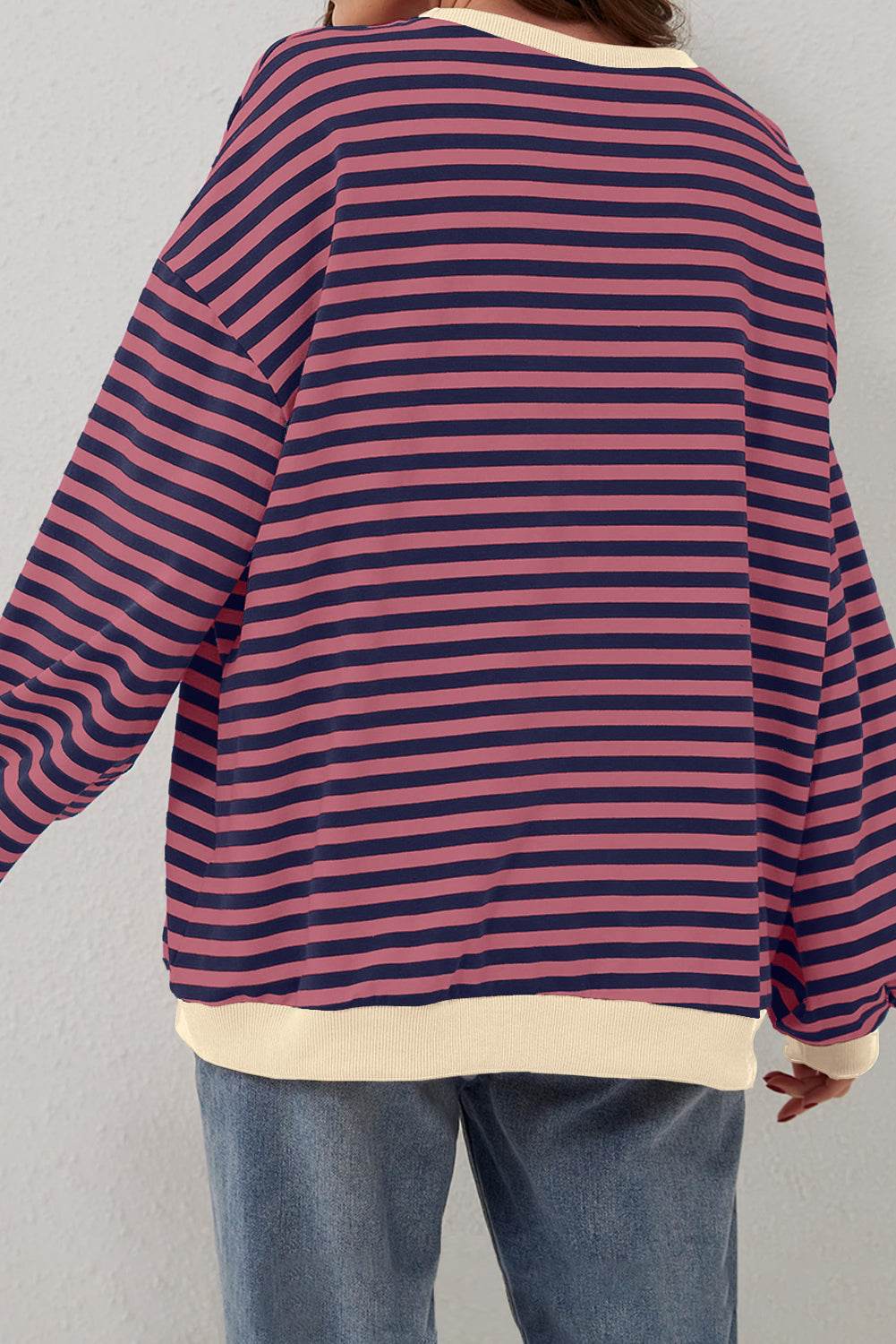 Red Stripe Oversized Contrast Trim Pullover Sweatshirt - VacationGrabs