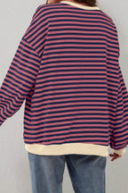 Red Stripe Oversized Contrast Trim Pullover Sweatshirt - VacationGrabs
