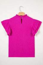 Solid Textured Ruffle Trim Short Sleeve Blouse