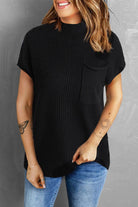 Black Patch Pocket Ribbed Knit Short Sleeve Sweater - VacationGrabs