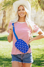 Stripe Contrast Trim Round Neck Puff Sleeve T-Shirt