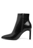 Rag Company textured stiletto heel ankle boots in black with a sleek snake print design