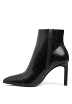 Rag Company textured stiletto heel ankle boots in black with a sleek snake print design