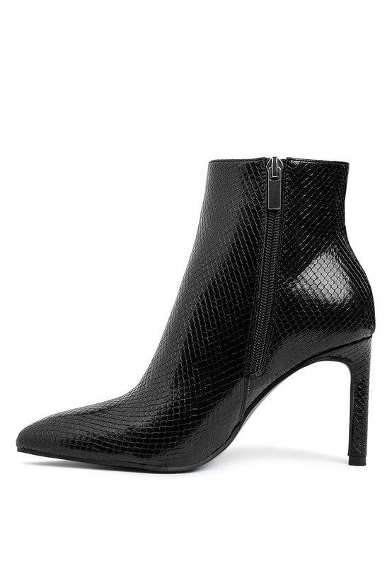 Rag Company textured stiletto heel ankle boots in black with a sleek snake print design