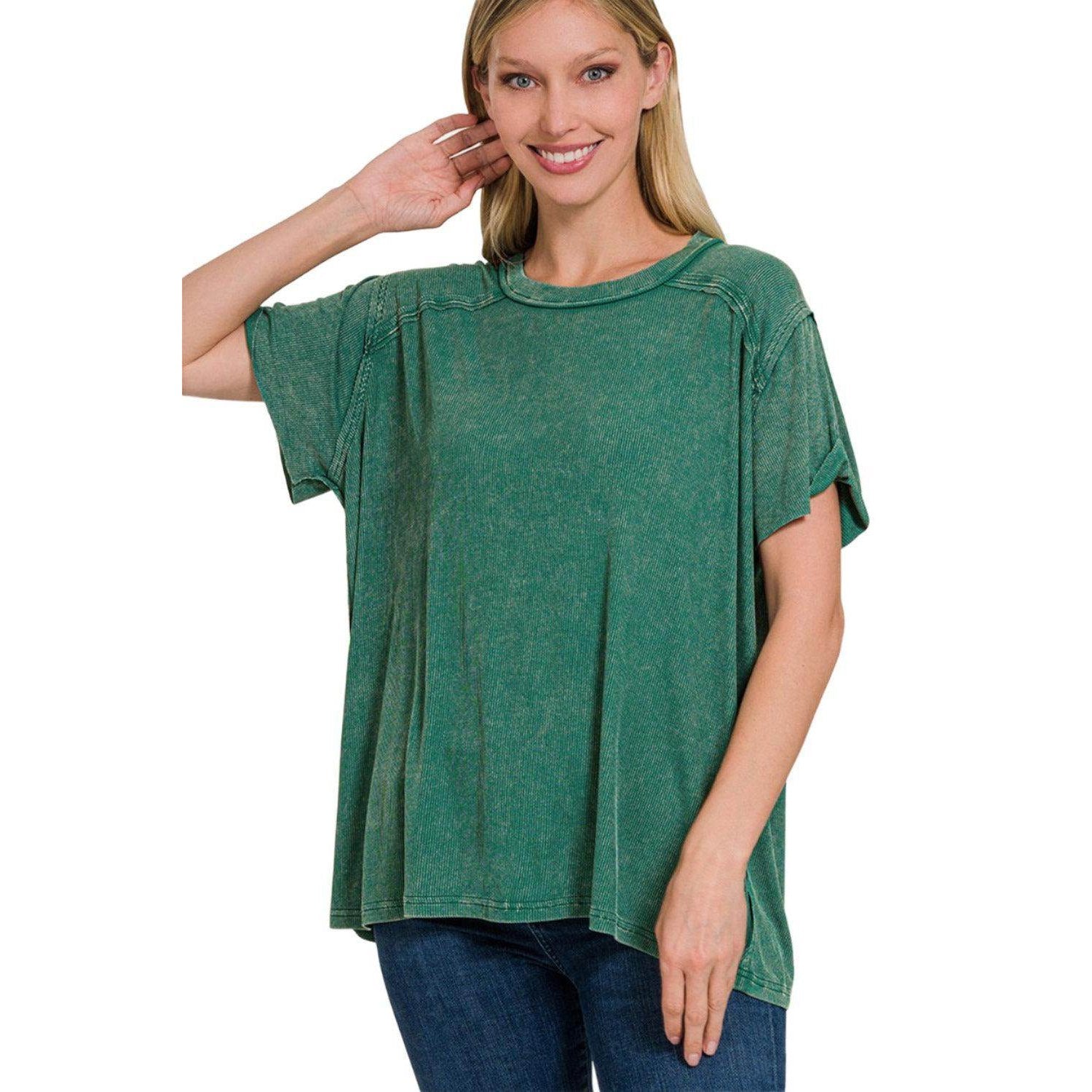 Zenana Washed Ribbed Short Sleeve Top - VacationGrabs