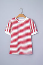 Stripe Contrast Trim Round Neck Puff Sleeve T-Shirt