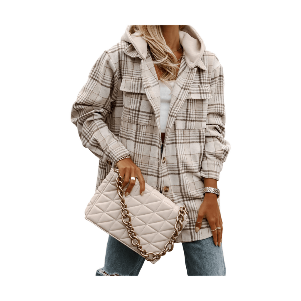 Khaki Plaid Removable Hood Buttoned Shacket - VacationGrabs