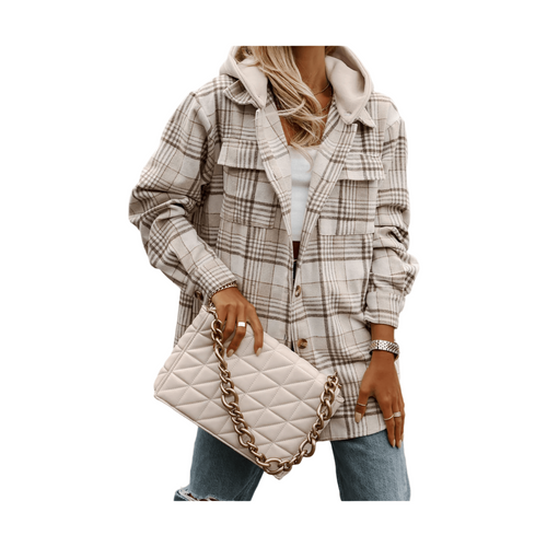 Khaki Plaid Removable Hood Buttoned Shacket - VacationGrabs