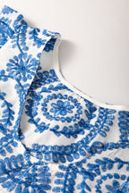 Boho Embroidered Flutter Sleeve Crew Neck Blouse