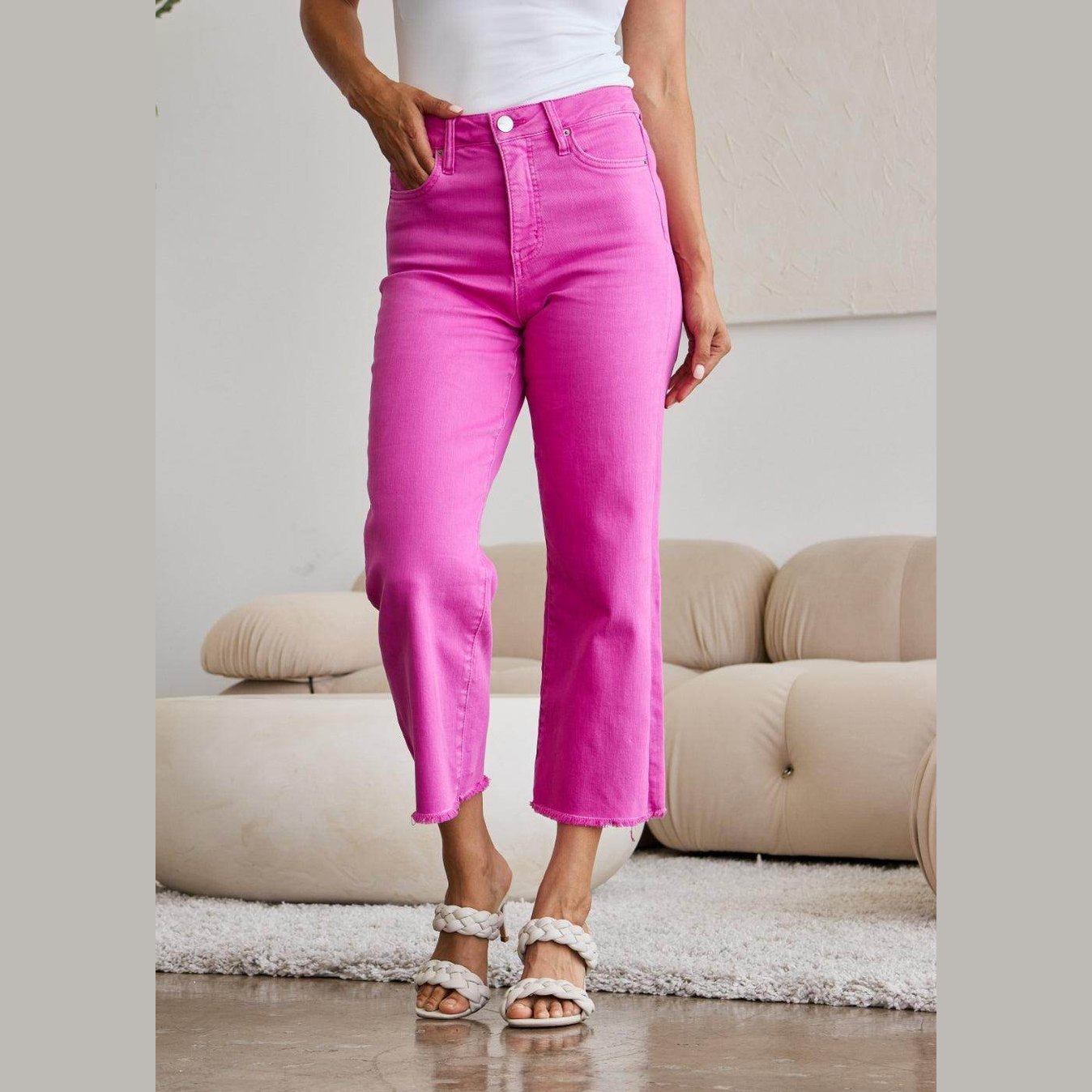 RFM Crop Chloe Full Size Tummy Control High Waist Raw Hem - VacationGrabs