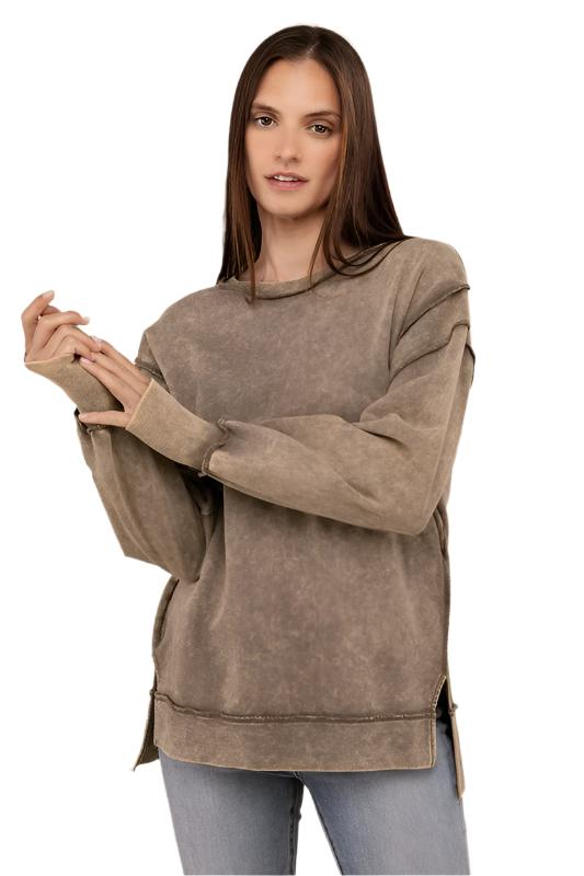 Women's Sweatshirts & HoodiesAcid Wash French Terry Exposed-Seam Sweatshirt - VacationGrabs