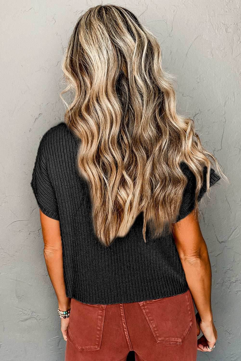 Black Patch Pocket Ribbed Knit Short Sleeve Sweater - VacationGrabs