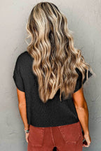 Black Patch Pocket Ribbed Knit Short Sleeve Sweater - VacationGrabs