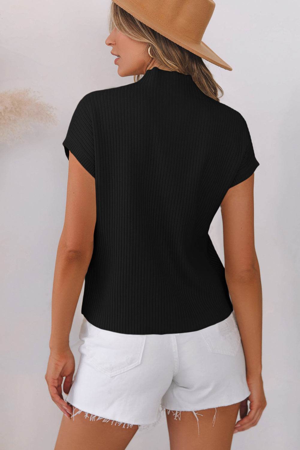 Black Patch Pocket Ribbed Knit Short Sleeve Sweater - VacationGrabs
