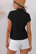 Black Patch Pocket Ribbed Knit Short Sleeve Sweater - VacationGrabs