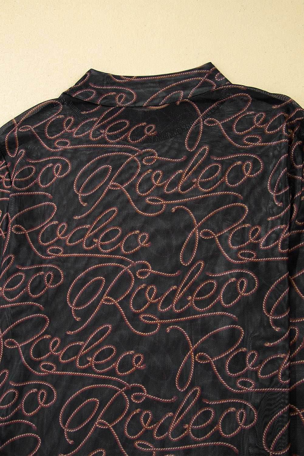Black Western Rodeo Printed Mock Neck Long Sleeve Mesh Top - VacationGrabs
