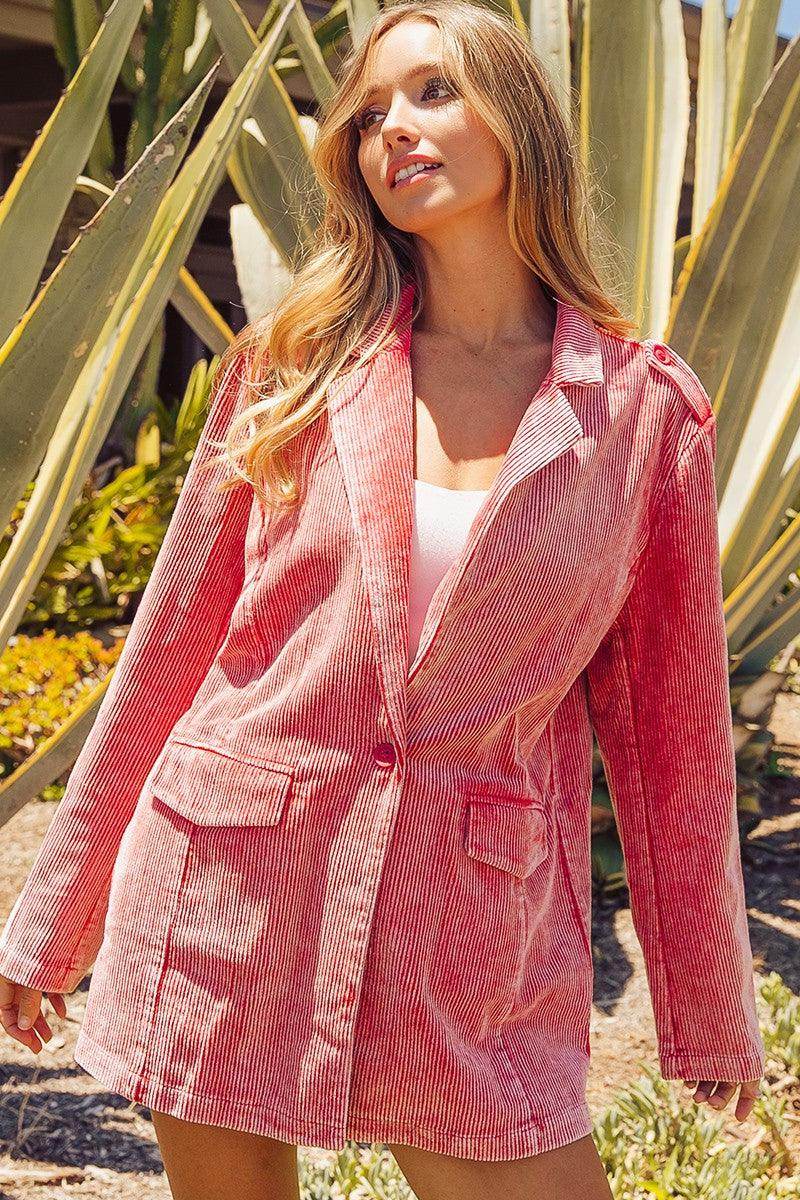 BiBi Ribbed Button Up Long Sleeve Blazer - VacationGrabs