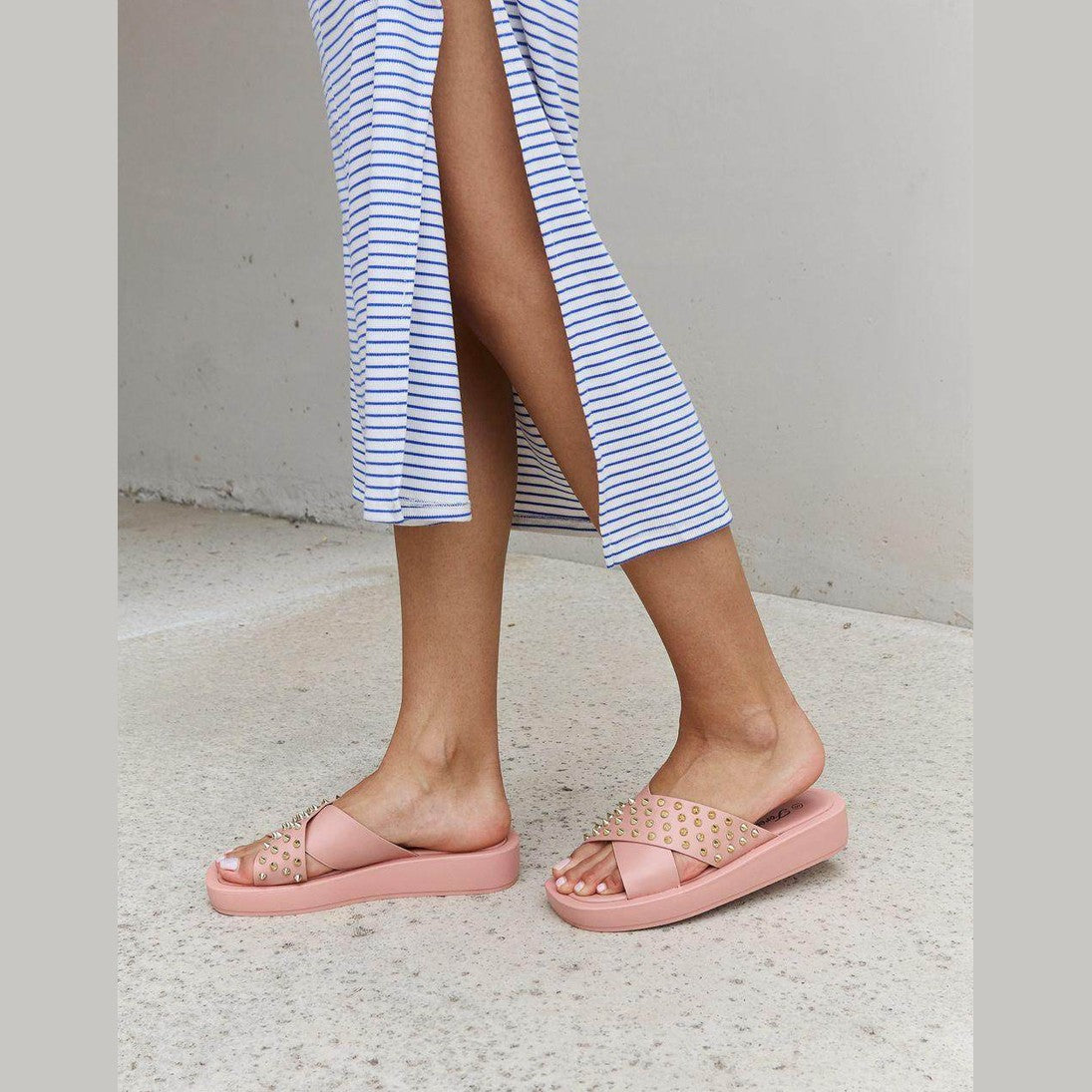 Studded Cross Strap Sandals in Blush - VacationGrabs