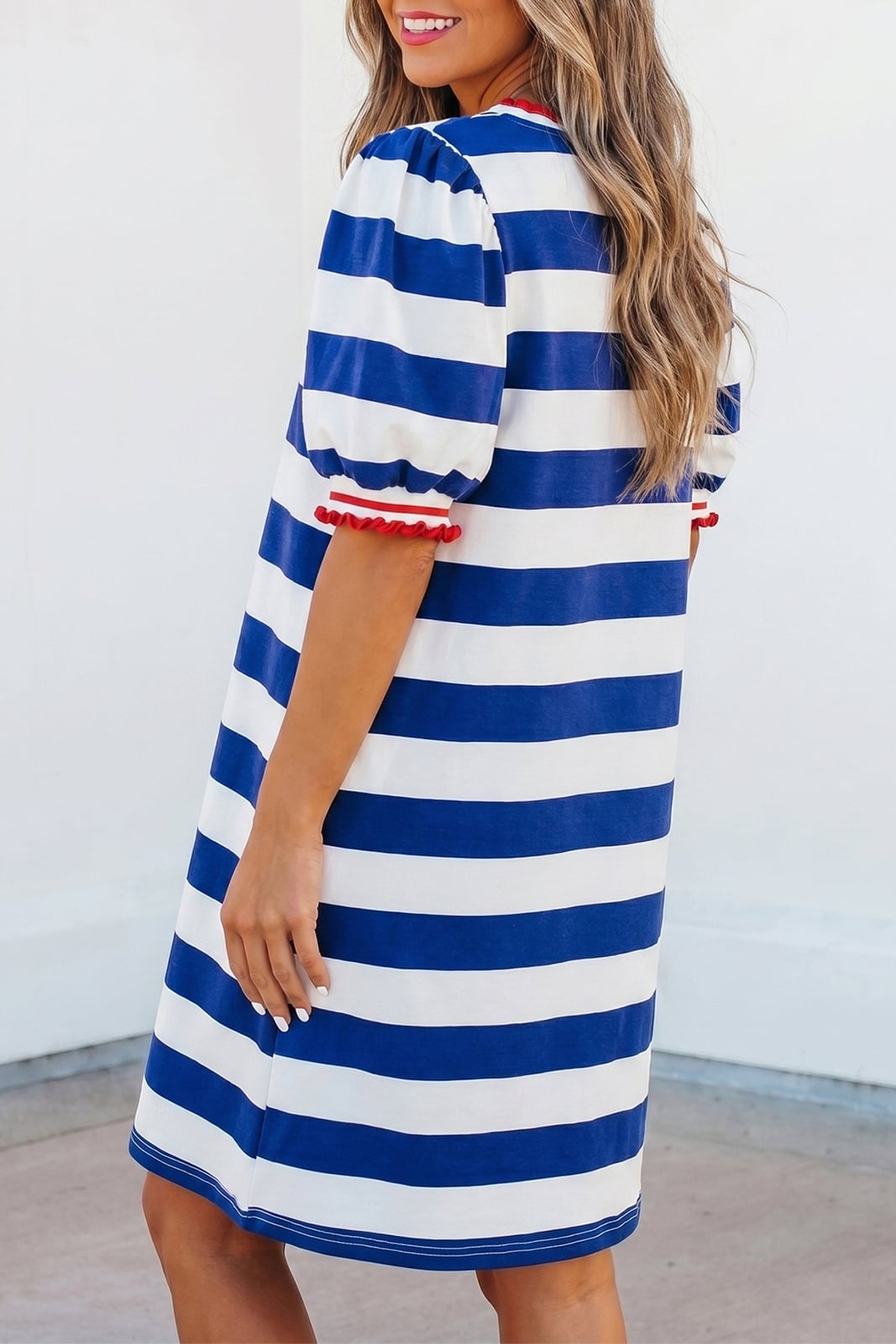 Stripe Contrast Trim Puff Sleeve Mini Dress