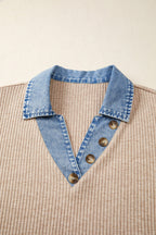 Denim Patchwork Ribbed Knit Collared Blouse