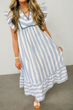Stripe Lace Trim V-Neck Ruffle Midi Dress
