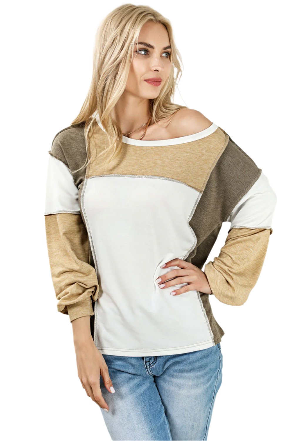 Women's ShirtsKhaki Exposed Seam Color Block Patchwork Top - VacationGrabs