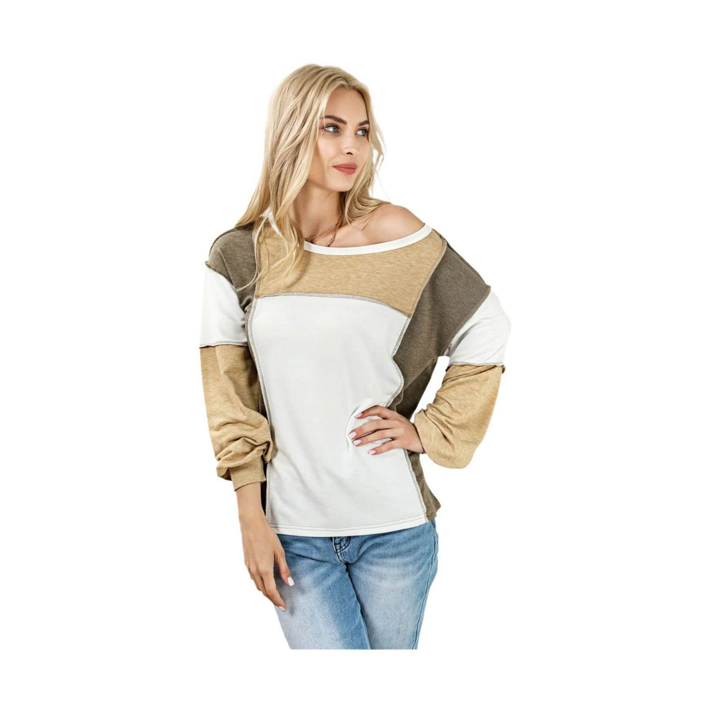 Khaki Exposed Seam Color Block Patchwork Top - VacationGrabs
