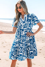 Floral Ricrac Trim Split Neck Tiered Mini Dress