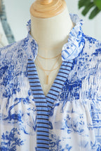 Floral Stripe Contrast V-Neck Puff Sleeve Blouse