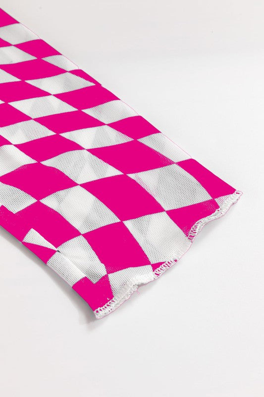 Close-up of JUNIPER BLVD long sleeve checkerboard shirt women in bright pink and white pattern