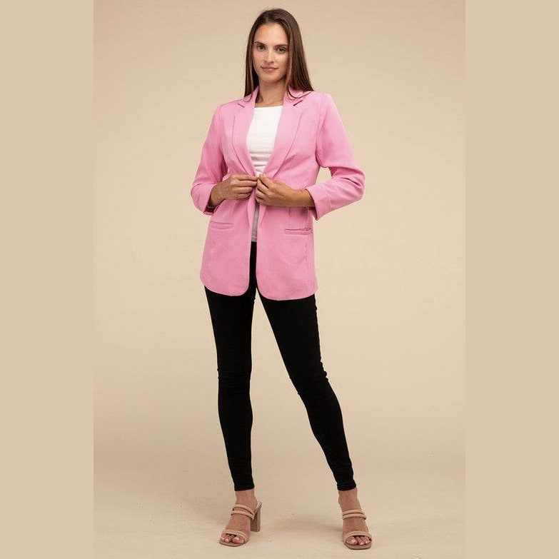 Woven Long Sleeve Open Front Classic Blazer - VacationGrabs