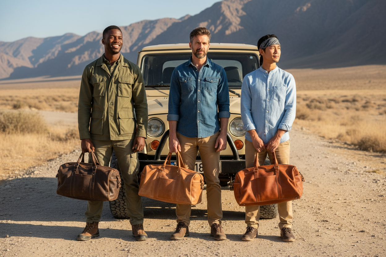 3 males of different races with leather duffel bags in front of a jeep